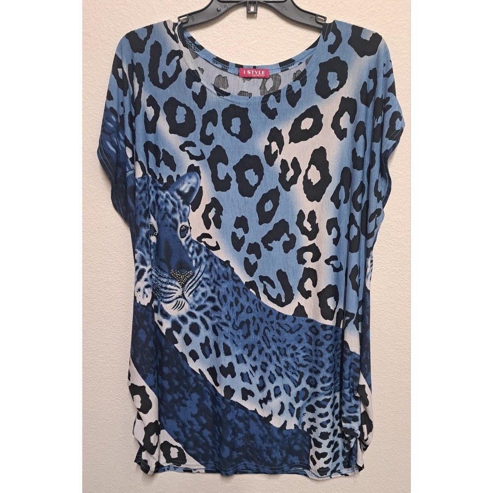 I Style Blue Leopard Print Top Womens Size XL Animal Print Blouse Rhinestone